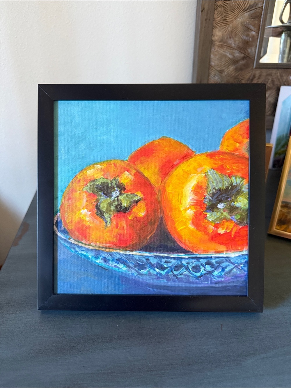 Framed Persimmon Still Life Wall Art - Orange and Blue